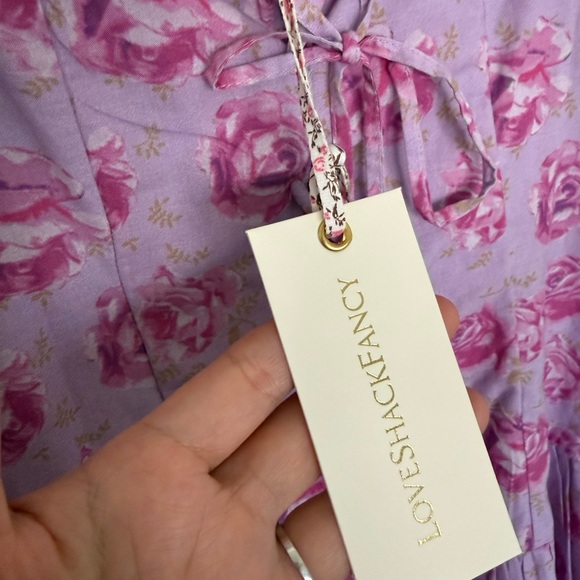 LoveShackFancy Lavender Dress with Pink Rose Print and Neck Tie - Picture 2 of 6